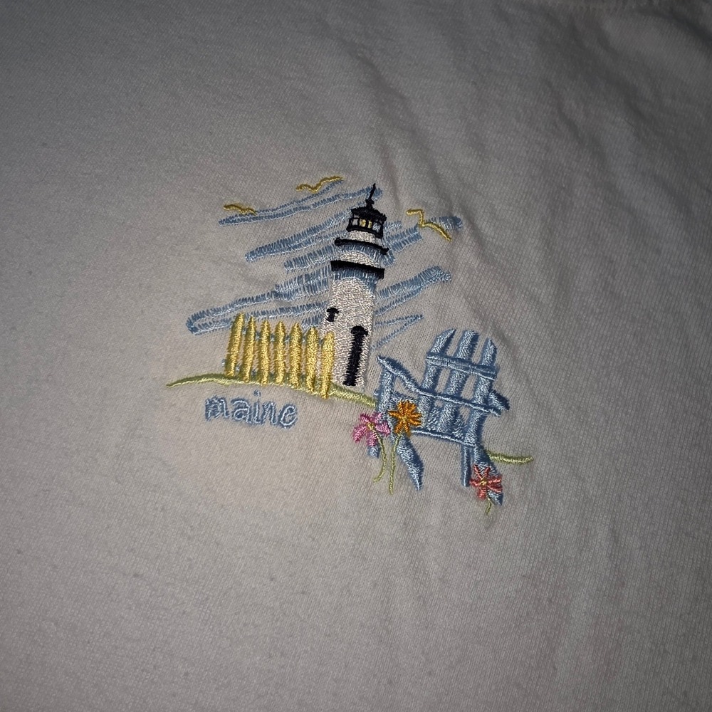 Anvil Maine Lighthouse Embroidered‎ White T-Shirt XL Coastal Nautical Tee